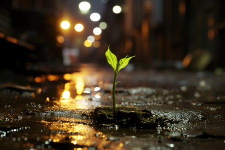 A small plant sprouting out of the ground. Generative AI.の素材