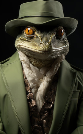 A lizard wearing a green suit and a hat. Generative AI.の素材