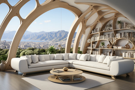 A living room with a couch and a coffee table. Generative AI.の素材