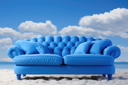 A blue couch sitting on top of a sandy beach. Generative AI.の素材