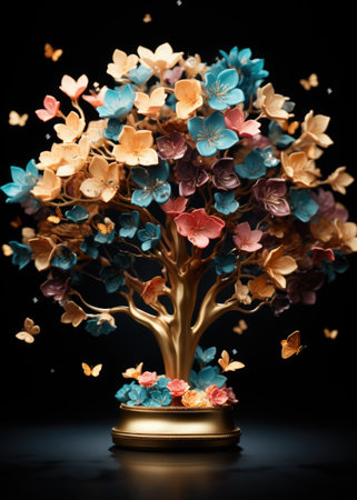A gold tree with flowers and butterflies in it. Generative AI.の素材