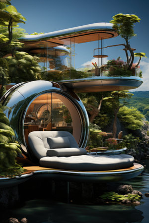 A floating house on a lake surrounded by trees. Generative AI.の素材