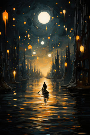 A painting of a man in a boat on a lake. Generative AI.の素材