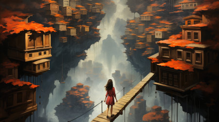 A woman walking across a bridge over a river. Generative AI.の素材