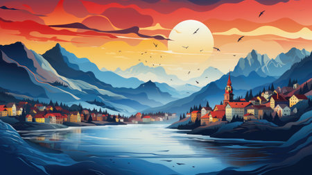 A painting of a mountain town with a river. Generative AI.の素材