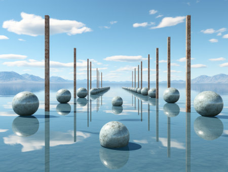 A group of rocks sitting on top of a body of water. Generative AI.の素材