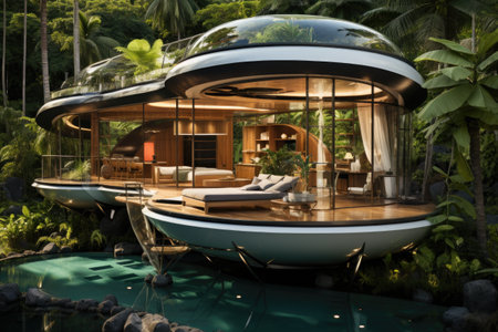 A futuristic house with a pool in the middle of it. Generative AI.の素材