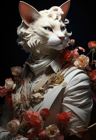 A statue of a cat wearing a suit and flowers. Generative AI.の素材