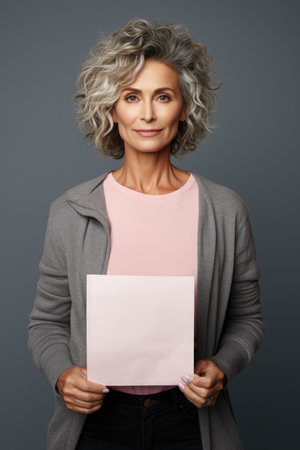 A woman holding a piece of paper in her hands. Generative AI.の素材