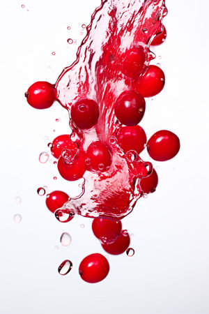 Cranberry berries with a splash of water or fresh cranberry juice on white background. Generative AI.の素材