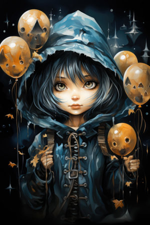 A painting of a girl with a hood on holding balloons. Generative AI. Cute Halloween character.の素材