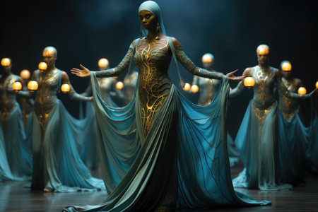 A woman in a blue dress standing in front of a group of mannequins. Generative AI.の素材