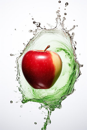 A red apple with water splashing around it. Generative AI.の素材