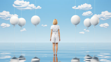 A woman standing in the middle of a body of water surrounded by balloons.の素材