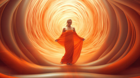 A woman in an orange dress walking through a tunnel.の素材