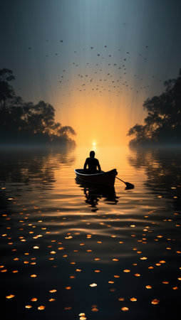 A man in a row boat on a lake at sunset.