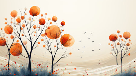 A painting of orange trees with birds flying in the sky. Digital image.の素材
