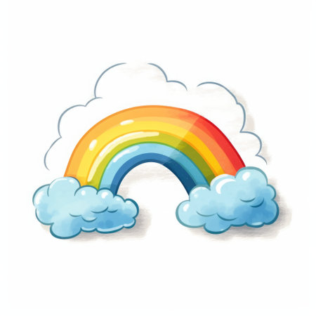 A rainbow and clouds in a white background.の素材