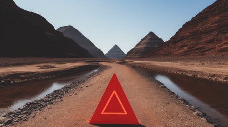 A red triangle on a road in the middle of a desert.の写真素材