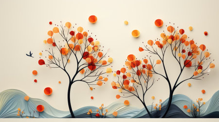 A group of trees with orange and yellow leaves. Digital image.の素材