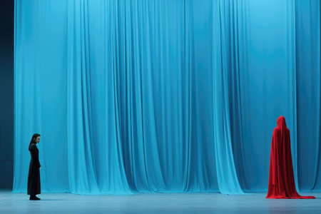 A woman standing in front of a blue curtain.の写真素材
