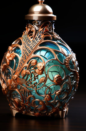 A blue and gold vase sitting on top of a wooden table.の写真素材