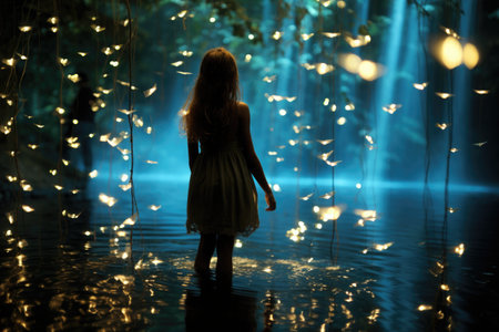 A little girl standing in the water in front of a waterfall.の素材