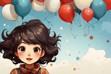 A girl is standing in front of a bunch of balloons. Digital image. Birthday card.の素材