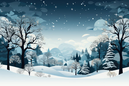 A snowy landscape with trees and snow flakes. Digital image. Winter holiday greeting card.の素材