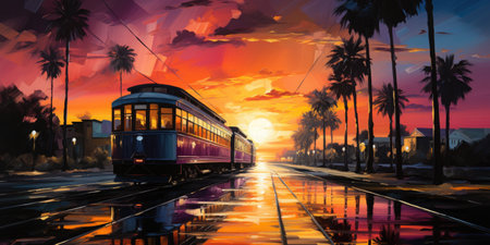A painting of a train on a train track.の素材