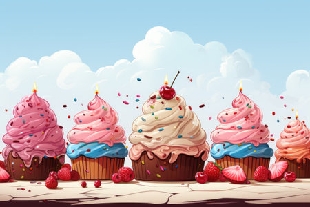 A row of cupcakes with different toppings. Digital image. Birthday card.の素材