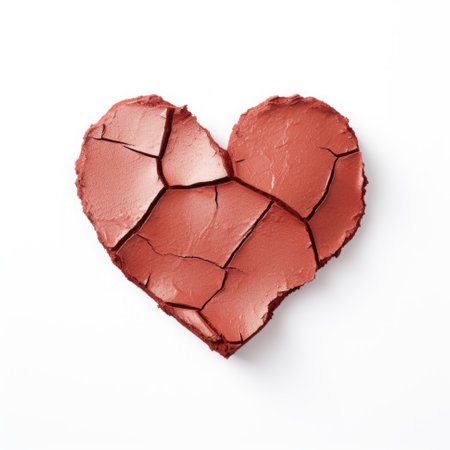 A heart shaped piece of cake on a white surface. Broken heart.の素材