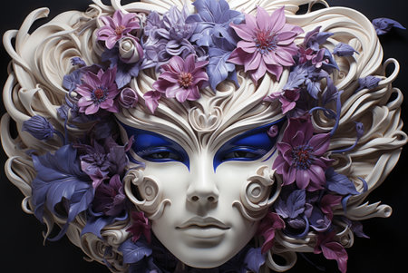 A white mask with purple and blue flowers on it.の素材