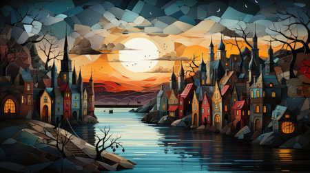 A painting of a city by the water.の素材