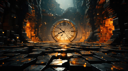 A large clock sitting on top of a stone floor.の素材