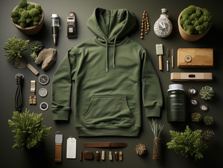 A green hoodie sitting on top of a table. Outdoor and adventure clothing brand, various items, knolling, top view, flat lay overhead.の素材
