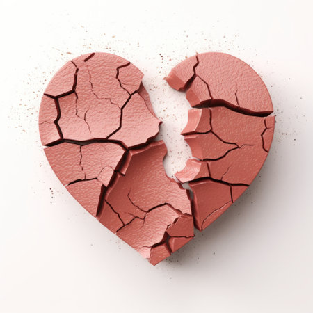 A broken pink heart on a white surface. Broken heart.の素材