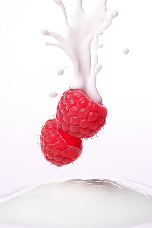 Two raspberries falling into a glass of milk.の素材