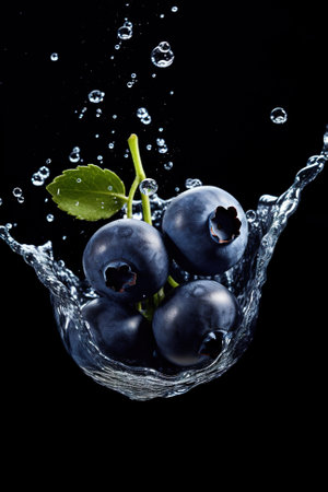 A splash of water with blueberries and a green leaf on black.の素材