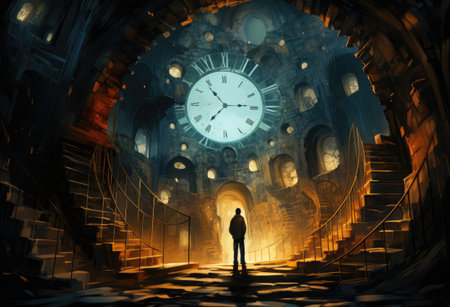 A man standing in front of a large clock.の素材