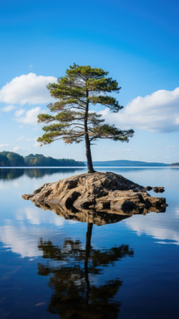 A lone tree sitting on top of a rock in the middle of a lake.の素材