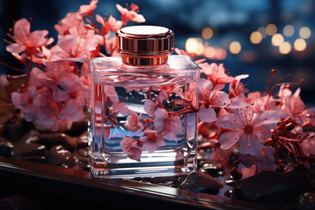 A bottle of perfume sitting on top of a table.の素材