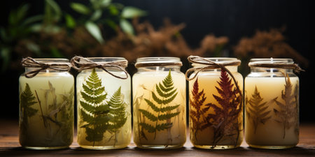 A row of jars filled with different types of plants.の素材