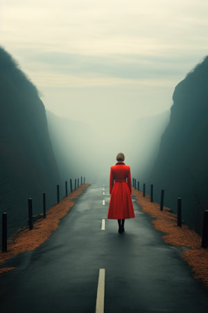 A woman in a red coat walking down a road.の素材