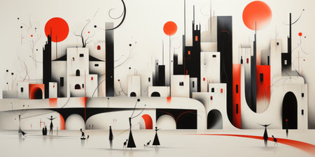 A painting of a city with a red sun in the background. Digital image.の素材