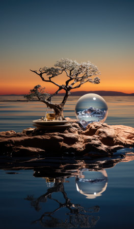 A tree sitting on top of a rock next to a body of water.の写真素材