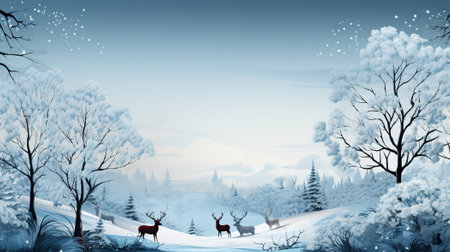 A herd of deer standing on top of a snow covered forest. Winter greeting card design, wintertime background with copy space, place for text.の素材