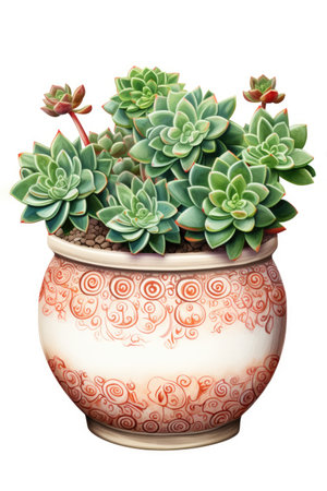 A potted plant with succulents in it. Digital image. Stone rose Echeveria plant.の素材