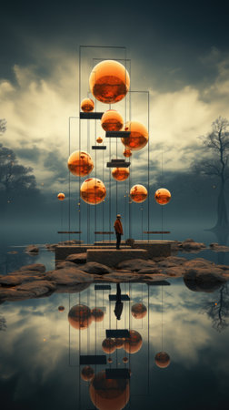 A man standing in front of a large sculpture.の素材