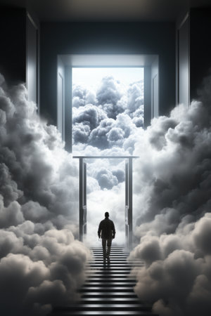 A man standing in front of an open door in the clouds.の素材